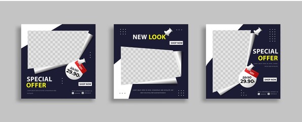 Naklejka na ściany i meble Set of Editable minimal square banner template. Blue dark yellow white background color with geometric shapes for social media post and web internet ads. Vector illustration