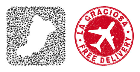 Vector collage La Graciosa Island map of air force elements and grunge Free Delivery seal. Collage geographic La Graciosa Island map constructed as hole from rounded square with escaping air planes.