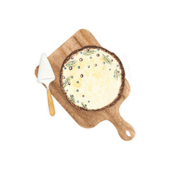 Watercolor pie with cake knife on cutting board. Hand drawn sweet desserts illustration for food blog, bakery logo, menu and other.