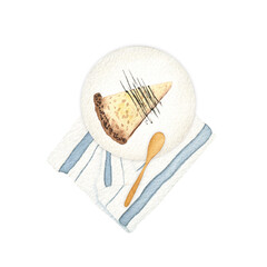 Watercolor cake piece on plate. Hand drawn sweet dessert flat lay illustration for food blog, bakery logo, menu, cafe poster and other.