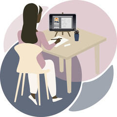 Student learning to draw online at home. Girl sitting at desk and looking at tablet. Online Education Concept. Young woman studying remotely at home. Flat vector Illustration
