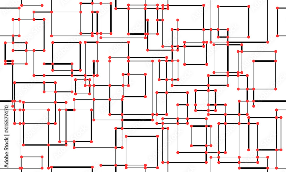 Poster red dots and black lines in seamless pattern. random thickness lines with dots as abstract backgroun