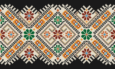 Embroidered good like old handmade cross-stitch ethnic Ukraine pattern. Ukrainian towel with ornament, rushnyk called, in vector.