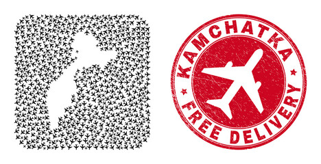 Vector mosaic Kamchatka map of aircraft items and grunge Free Delivery seal. Mosaic geographic Kamchatka map constructed as carved shape from rounded square shape with flying out air force symbols.