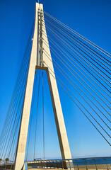 Naklejka premium View from the Sohail castle overlooking a river, bridge, beach and sea in Fuengirola, Spain.