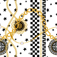Fototapete Glamour Nahtloses Muster verziert mit Edelsteinen, Goldketten und Perlen.