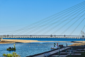 Obraz premium View from the Sohail castle overlooking a river, bridge, beach and sea in Fuengirola, Spain.