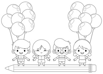 Coloring book for kids. Cartoon Four Children Riding On Flying Pencil