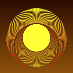 Abstract sun background with yellow and orange circles. Halftone radial lines as logo or icon.