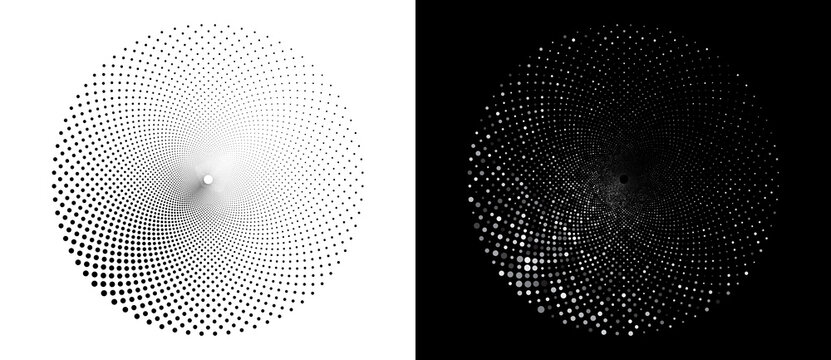 Abstract dots halftone circle. Black dots over white background. Gray random dots over black background.