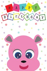 Cute children greeting happy birthday card with funny bear and colorfull confetti. Cartoon birthday illustration.