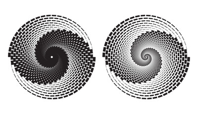 Black spiral with rectangles over white backdrop. Abstract monochrome background for any projects. Yin and yang symbol.