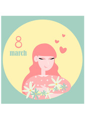 March 8, international women's day, the girl is happy with the flowers presented, a bouquet in her hands,
greeting card for march 8, vector illustration