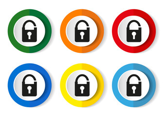 Padlock, security vector icons, set of circle  buttons in 6 colors options for webdesign and mobile applications