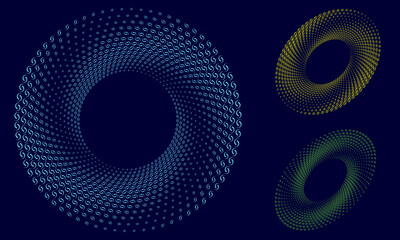Set of color spirals with elements over black backdrop. Abstract background for any projects. Yin and yang symbol.
