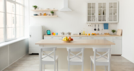 Utensils, bright cups and kettle, shelves with dishes and plants in pots, refrigerator