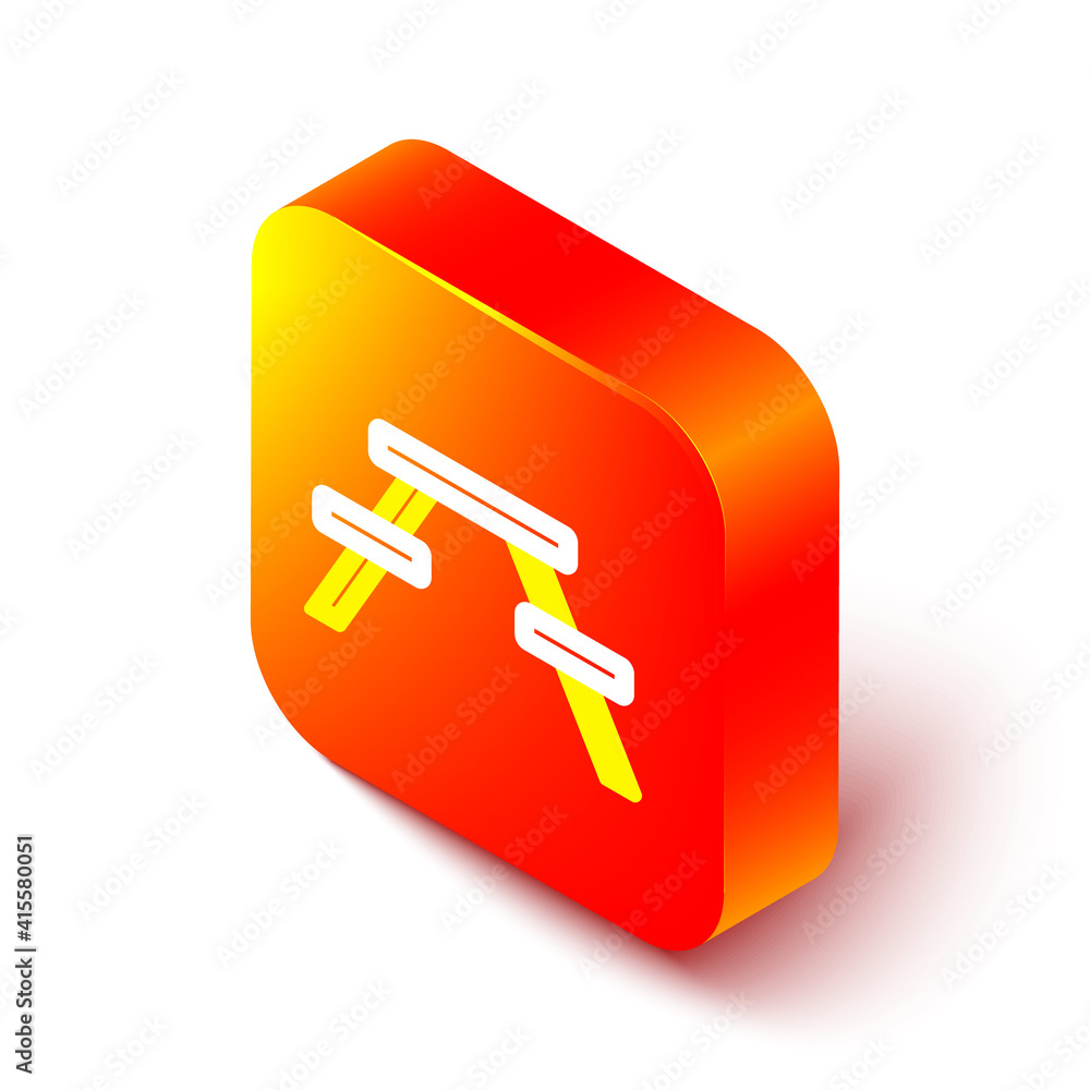 Poster Isometric line Picnic table with benches on either side of the table icon isolated on white background. Orange square button. Vector Illustration.