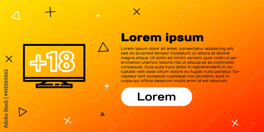 Poster line computer monitor with 18 plus content icon isolated on yellow background. age restriction symbo