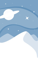 minimalistic abstract landscape. Mountains and starry sky, planet, space landscape. The universe. Galaxy. Vector illustration poster concept in blue and white colors