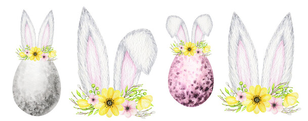 Easter eggs with Bunny ears and floral crown set isolated Watercolor illustration on white background. Hand painted cartoon Spring Holidays Rabbit ears
