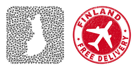 Vector collage Finland map of jet vehicle items and grunge Free Delivery seal stamp. Collage geographic Finland map designed as carved shape from rounded square shape with flying away air planes.