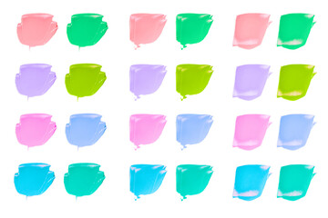 Vector colorful paint smear stroke stain set. Abstract textured art illustration. Acrylic Texture Paint Stain Illustration. Hand drawn brush strokes vector elements. Spring and summer colors.
