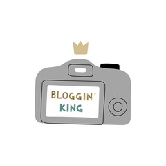 Lettering Bloggin' King. Vector flat illustration with handwriting text on a camera screen isolated on white. Blogging, vlogging equipment