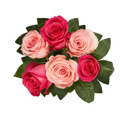 bouquet of roses red pink orange green isolated on white background with​ clipping​ path​