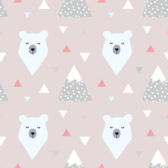 Seamless pattern with cute bear between mountains and triangles. Vector background for kids, design, wrapping paper,  posters, wallpaper.