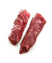 Two raw hanger steaks or hanging tenderloin isolated on white background