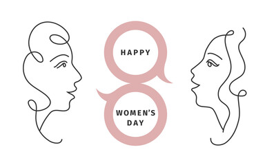 Women's Day. March 8 - International  day of woman's rights. Poster, banner, postcard. Creative concept. Vector illustration. Line drawing of girls faces. Speech bubbles. Relationships of women.