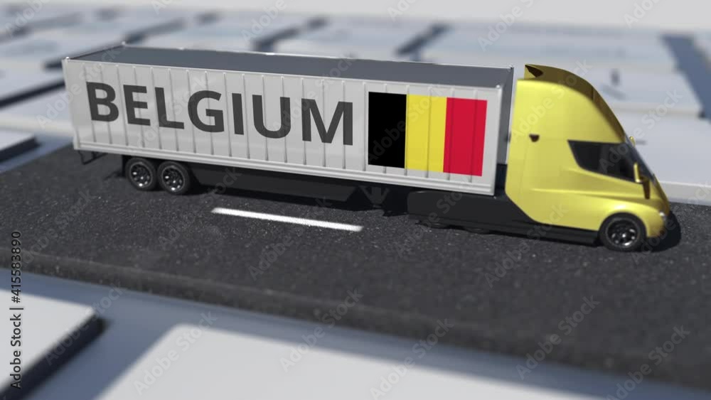 Poster truck with flag of belgium moves on the keyboard key. export or import related looping 3d animation