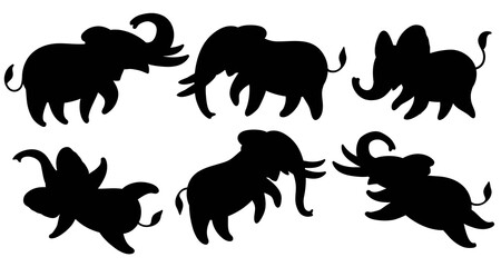 Set of black silhouettes of elephants. Cute cartoon elephants in different poses. Vector illustration isolated on white background.