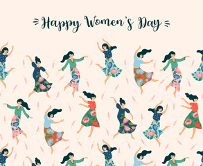 Vector illustration of cute dancing women. International Women s Day concept for card, poster, banner and other