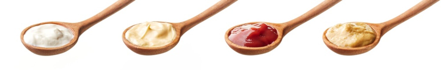 Set of spoons with sauces isolated on white