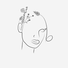 Minimal woman fale line art. Woman portrait for beauty salon, logo and emblem. Contemporary portrait line art vector for label and cosmetics with flower © Phantasm