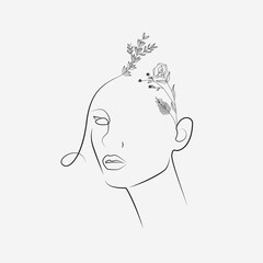 Minimal woman fale line art. Woman portrait for beauty salon, logo and emblem. Contemporary portrait line art vector for label and cosmetics with flower © Phantasm
