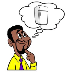 Man thinking about a Refrigerator - A cartoon illustration of a man thinking about a Refrigerator.