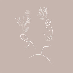 Minimal woman fale line art. Woman portrait for beauty salon, logo and emblem. Contemporary portrait line art vector for label and cosmetics with flower © Phantasm