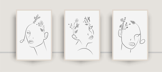 Minimal abstract woman beauty poster. Set of modern woman portrat line drawing with pastel colors in boho style. Girl portrait, watercolor vector background for card, spa and wall art. Luxury interior