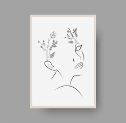 Abstract minimal woman portrait. Line drawing for luxury boho interior, spa and card. Elegance, fashion and woman beauty vector hand drawn illustraion with pastel color. Watercolor isolated background