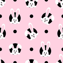Cute rabbits look out of holes. Seamless pattern
