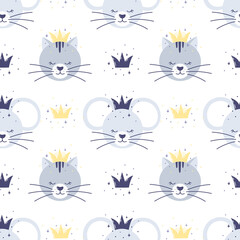Cute sleepy kittens and mice in crowns on a white background. Seamless pattern.