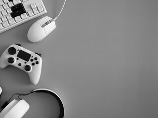 gamer work space concept, top view a gaming gear, mouse, keyboard, joystick and headset.