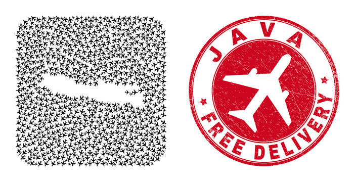Vector collage Java Island map of air plane items and grunge Free Delivery seal stamp. Collage geographic Java Island map created as hole from rounded square shape with flying away aviation items.