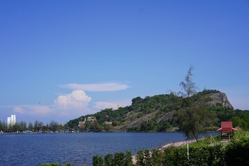 Fototapeta premium Big mountain and lake with blue sky
