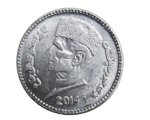 Pakistan one rupee coin on a white isolated background