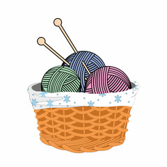 basket filled with tangles of knitting thread for knitting and knitting