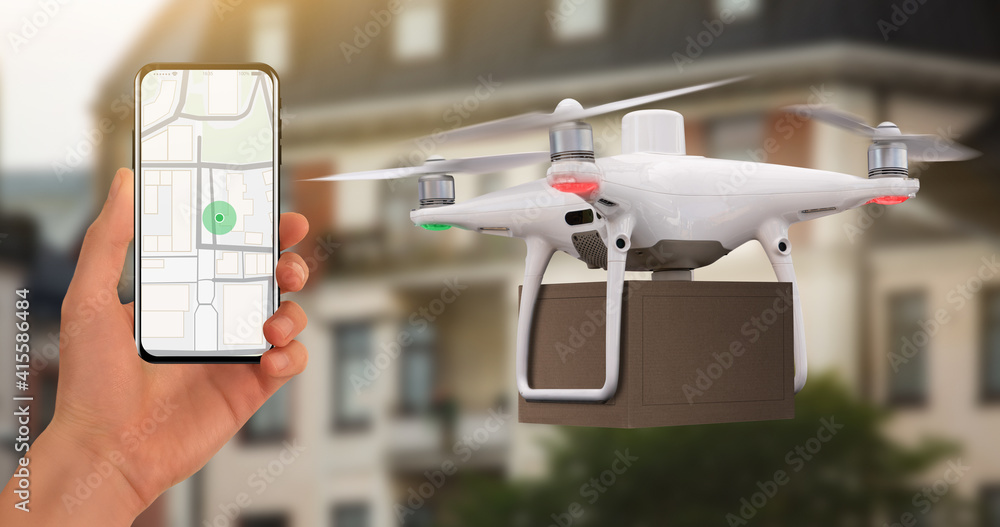 Poster hand with phone on background of delivery drone. on the screen a map with a location marker.
