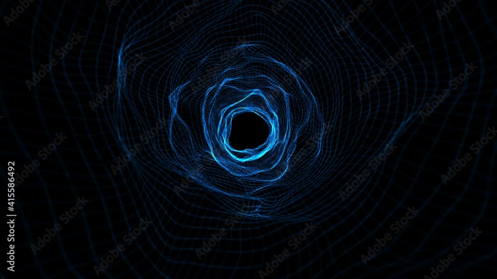 Aufkleber motion graphics background with blue glowing wormhole geometric mesh. simple flight animation throug